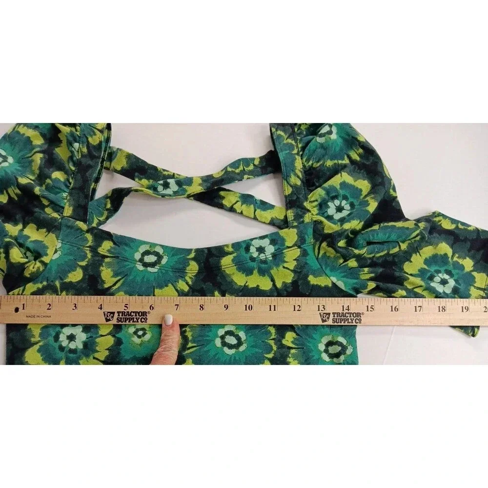 Free People Retro Hippie Green Square Neck Puff Sleeve Bandana Original! Small‎